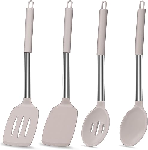 LIANYU Juego de 4 utensilios de cocina de silicona, resistentes al calor, mango de acero inoxidable, apto para lavavajillas, color caqui