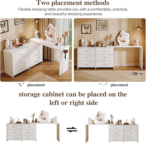 Miniatura 6 de Moderna mesa de tocador de maquillaje de esquina con espejo LED y 6 cajones espaciosos, tocador retráctil para armario, escritorio de escritura,