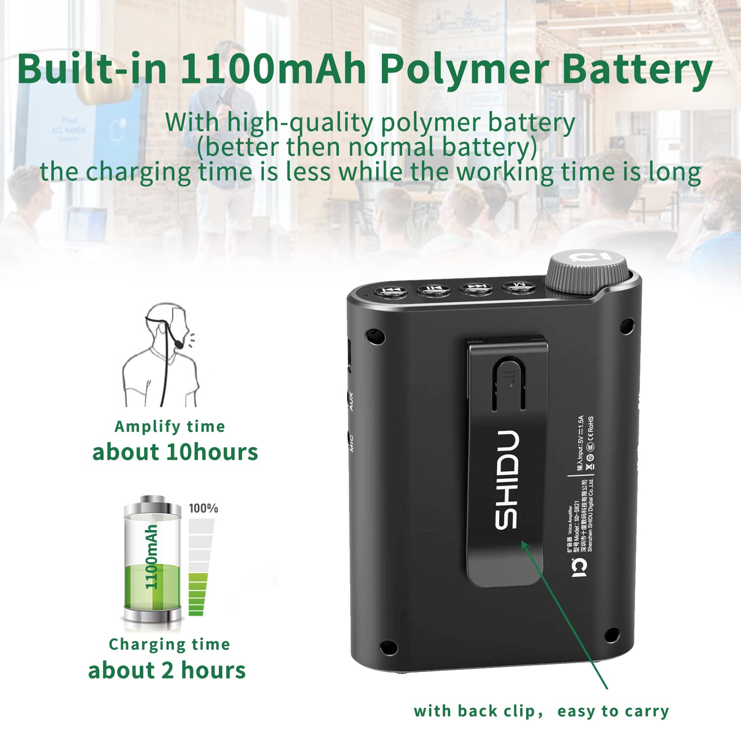 SHIDU Mini amplificatore vocale portatile ricaricabile con microfono cablato, supporta Bluetooth, audio in formato MP3, radio FM per insegnanti, allenatori, formazione, guida turistica