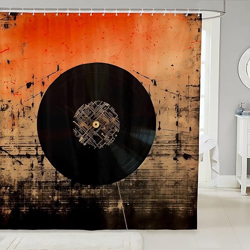 Erosebridal Juego de cortina de ducha de discos de vinilo, decoración de baño con música vintage para niños, adolescentes y adultos, juego de baño