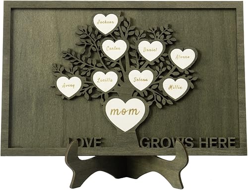 Vista 67 de Árbol genealógico con etiqueta de corazón, placas de madera grabadas personalizadas, regalos personalizados para madres, padres, escritorio, nombres