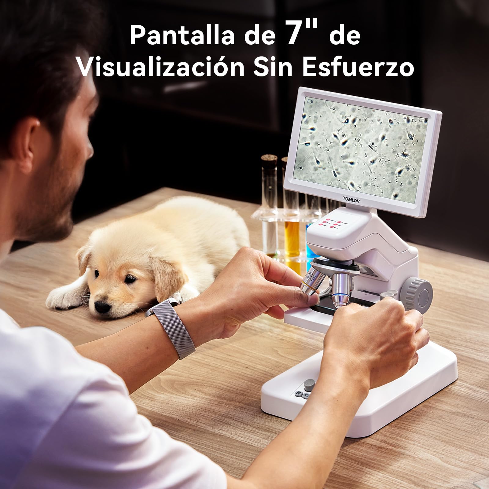 TOMLOV DM301 Pro Microscopio Biológico 1200X: 7" Microscopio Digital para Adultos y Niños, 3 Lentes, Escala de Medición Integrada, Iluminación LED Doble, Compatible con Teléfono, PC y TV