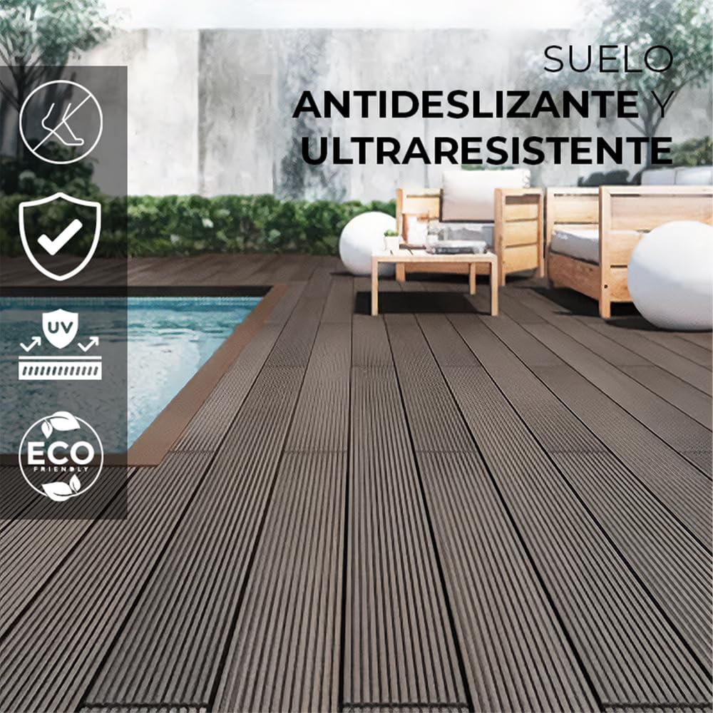 YOEVU | Pack 2 Lama de composite WPC | 2,2m x 14,5cm x 2,2cm, gris, marrón café | Resistente a la intemperie, antideslizante, fácil de instalar | Para terrazas y exteriores