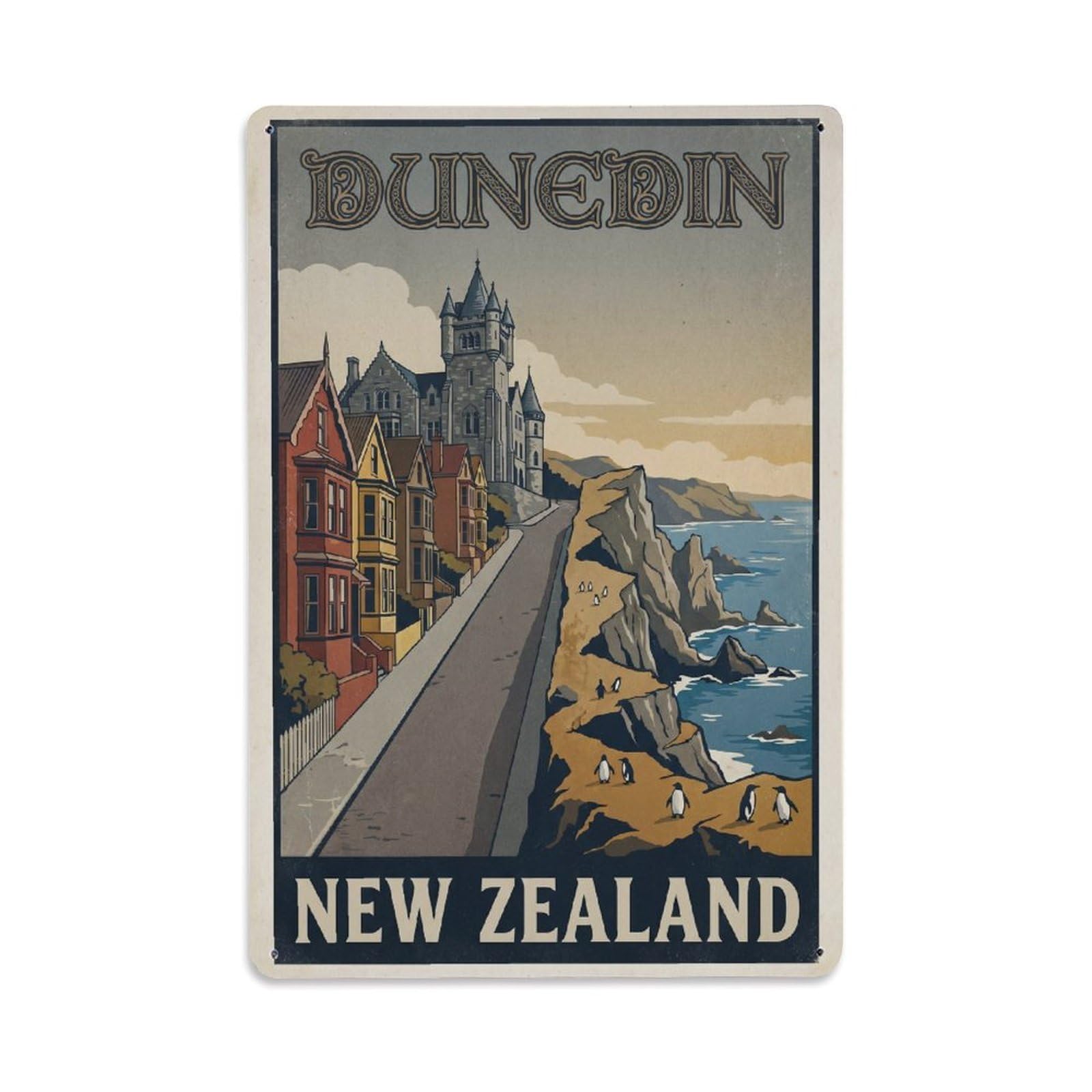 Travel New Zealand Dunedin Retro Metal Tin Sign Plaque Wall Decor for Cafe, Club Bar, Office, Garden Metal Poster 8x12Inch