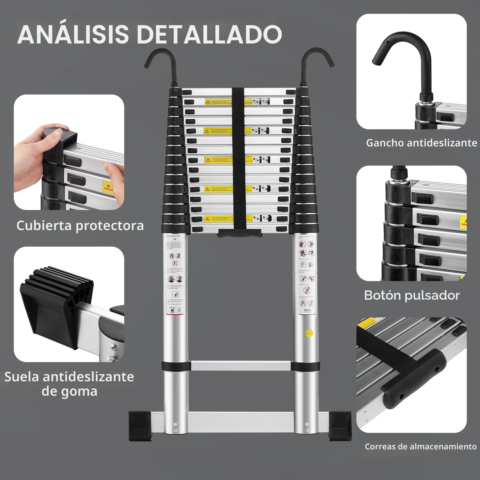 STANEW Escalera telescópica de 6,2 m de Aluminio, Plegable, reposabrazos extraíble, multifunción Portátil Plegable Extensible, Carga máxima de 150 kg
