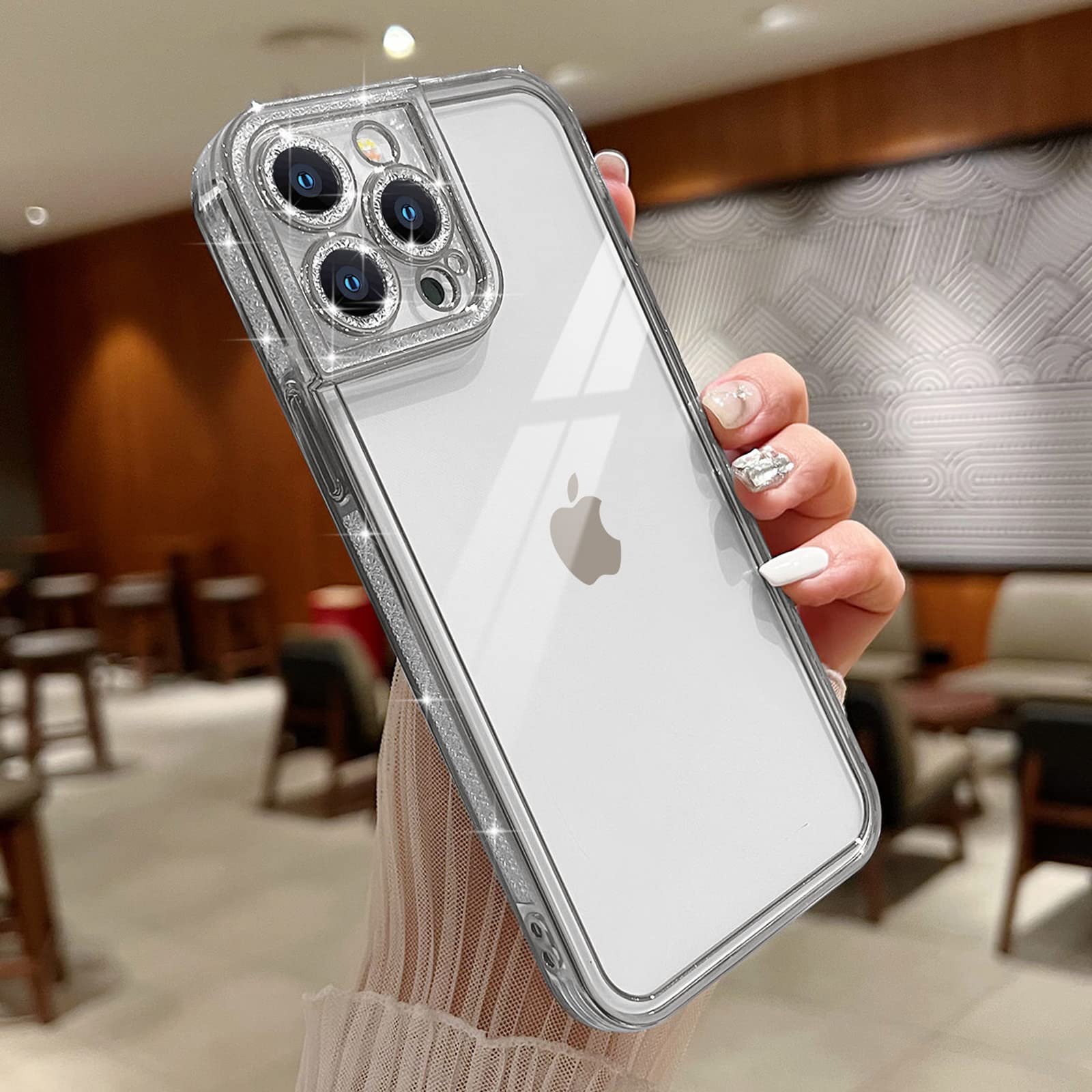 Teageofor iPhone 12 Pro Max Case Clear Cute Women Girls Glitter Pattern Plating Phone Case Silicone Full Camera Protection Shockproof Bumper Back Cover for iPhone 12 Pro Max, Silver