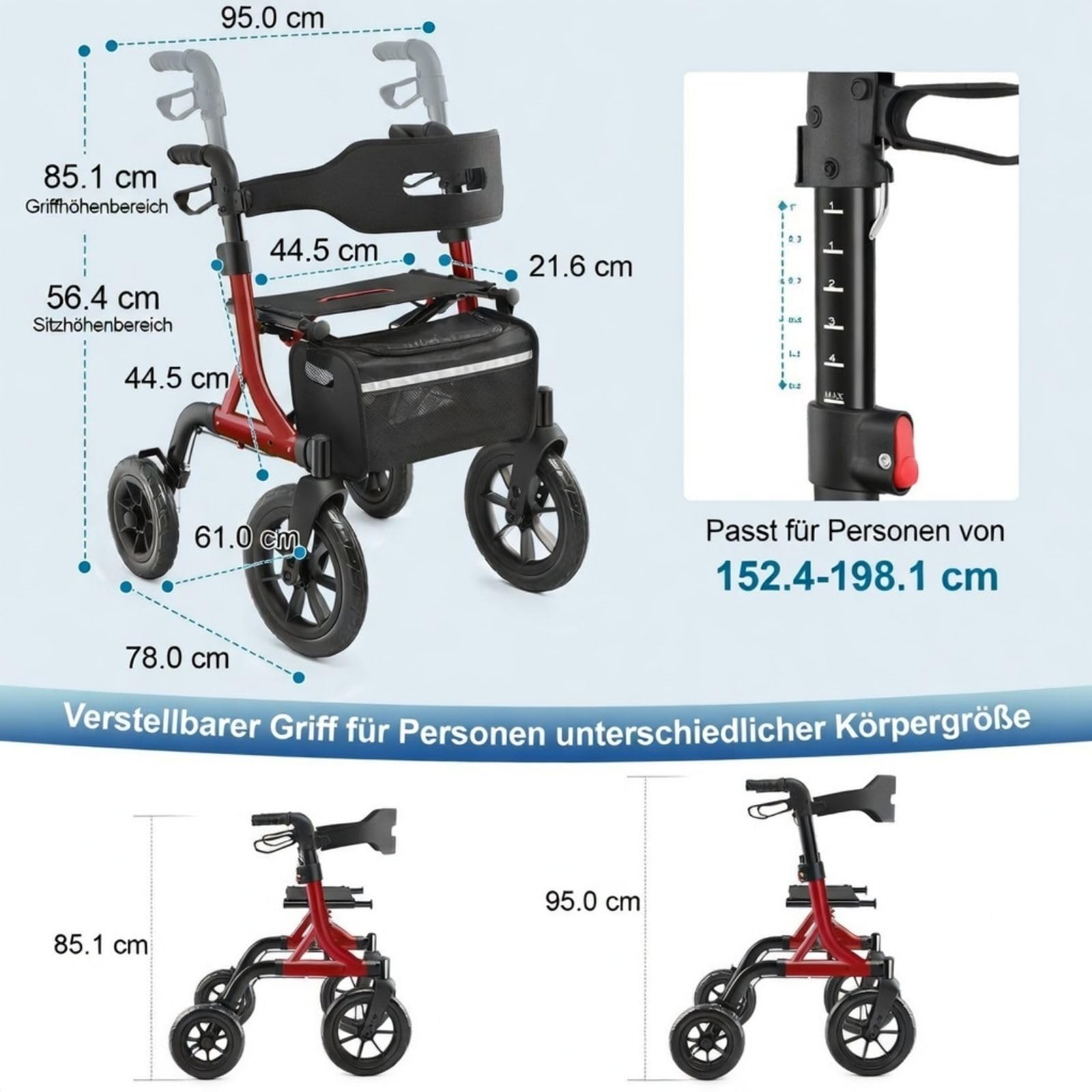 MAXWALK Rollator Faltbar und Leicht mit Sitz,30cm Reifen für Allen Gelände | Outdoor Leichter Rollator mit Gummirädern,Integrierte Seilzugbremsung,Aluminium Höhenverstellbarer Rollatoren für Senioren