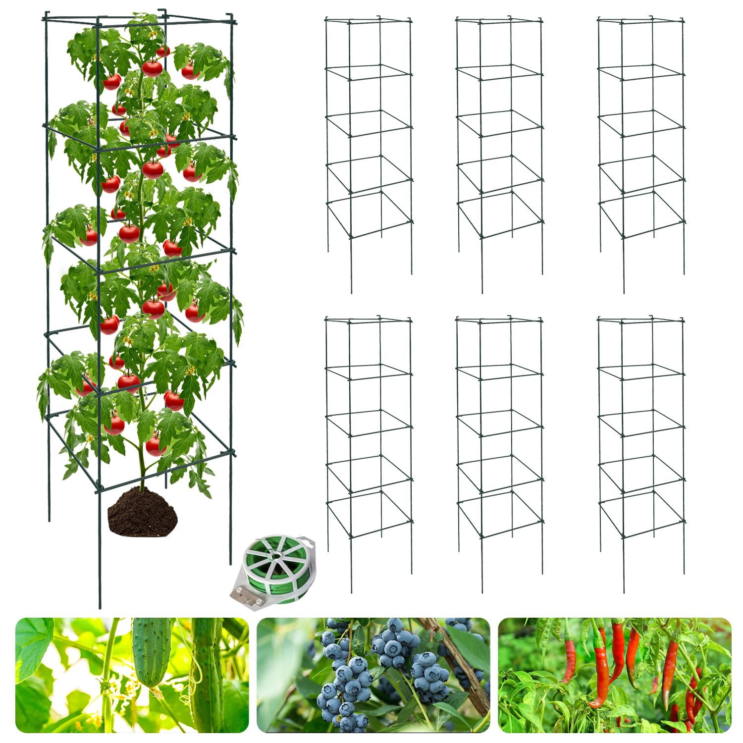 Photo 1 of LAKNUAL 6 Packs Tomato Cages for Garden, 12"×12"×48" Plant Support Cage with Different Spacing, Green Metal Trellis for Climbing Plants Like Cucumber, Flowers