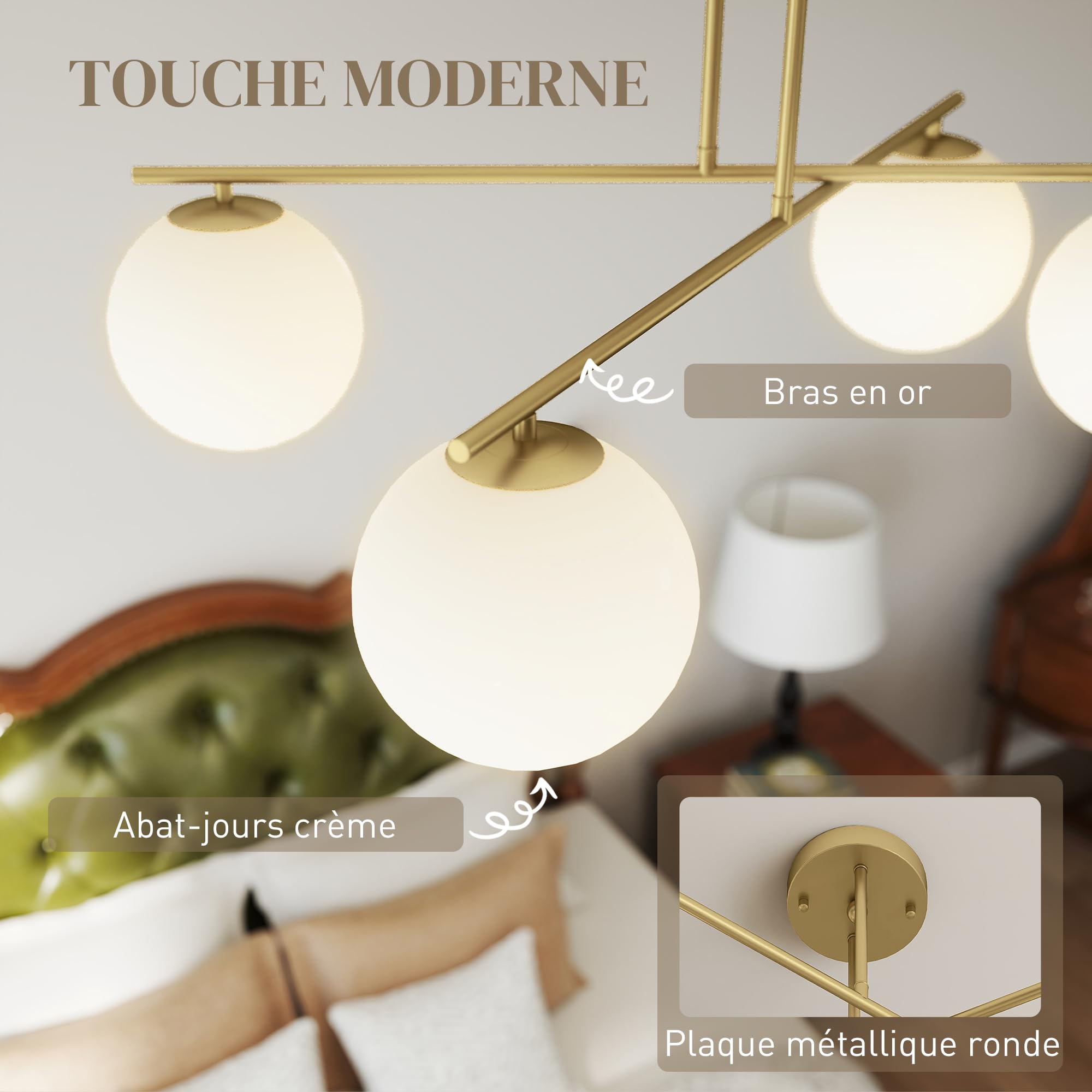 HOMCOM Plafonnier LED 40W 4 Lumières E14 Semi-Affleurant Doré et Crème