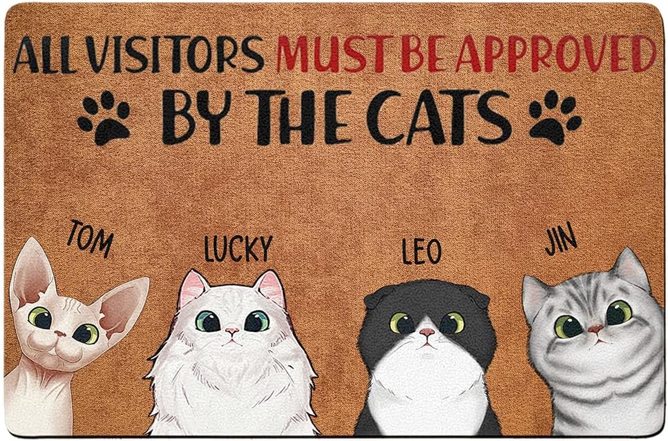 Funny Personalized Cat Decorative Doormat All Guests Must Be Approved by The Cat Custom Door Mat for Cat Lovers - Cat Welcome Mat for Outdoor Entrance Gift for Cat Moms Cat Dads Front Door Rugs 2 Cats