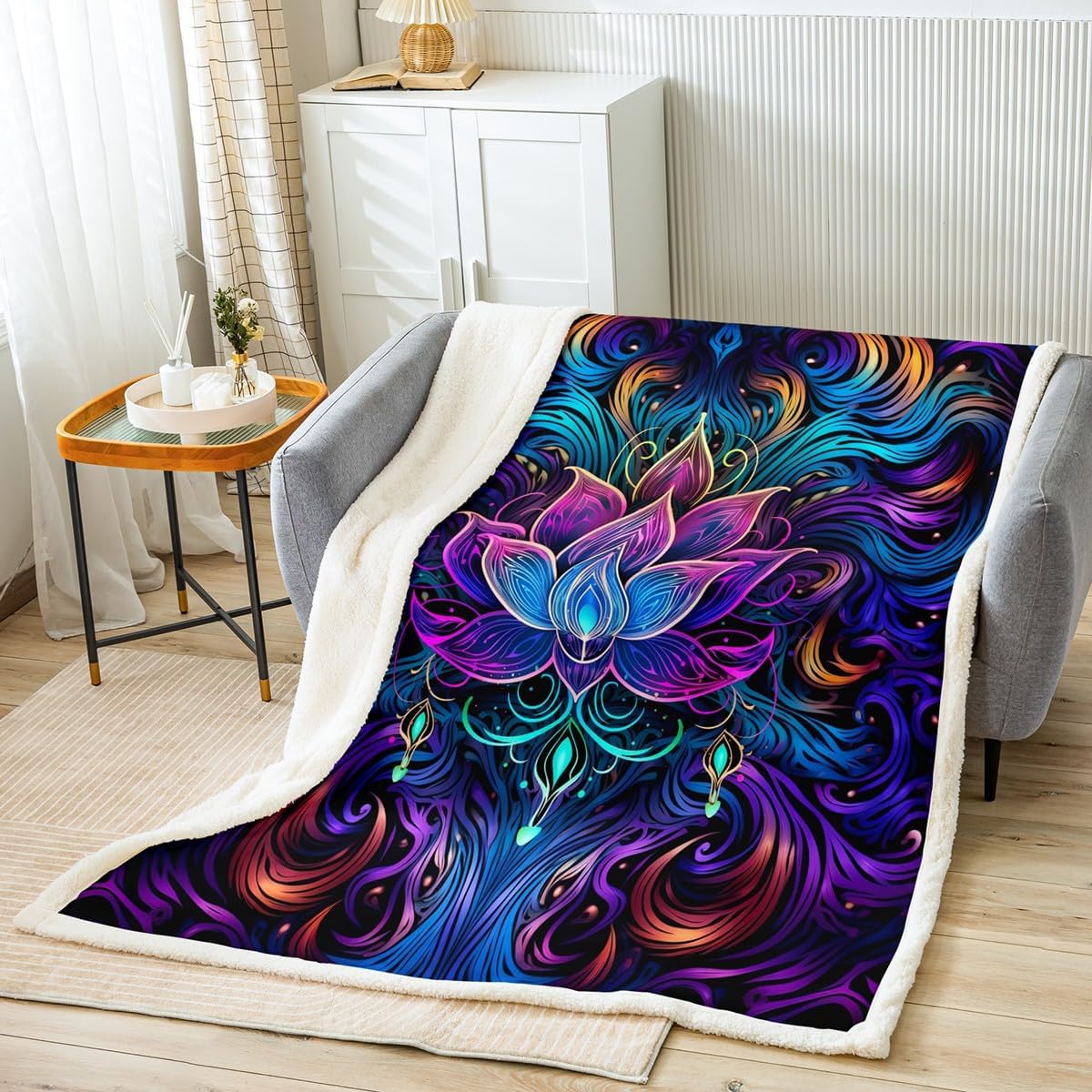 Erosebridal Boho Lotus Throw Blanket for Couch - Indian Hamsa Fleece Blanket, Blue Ombre Neon Sherpa, Queen Size, Super Soft, Cozy & Durable, Lotus Gifts for Home Room Bedroom Decor, Purple