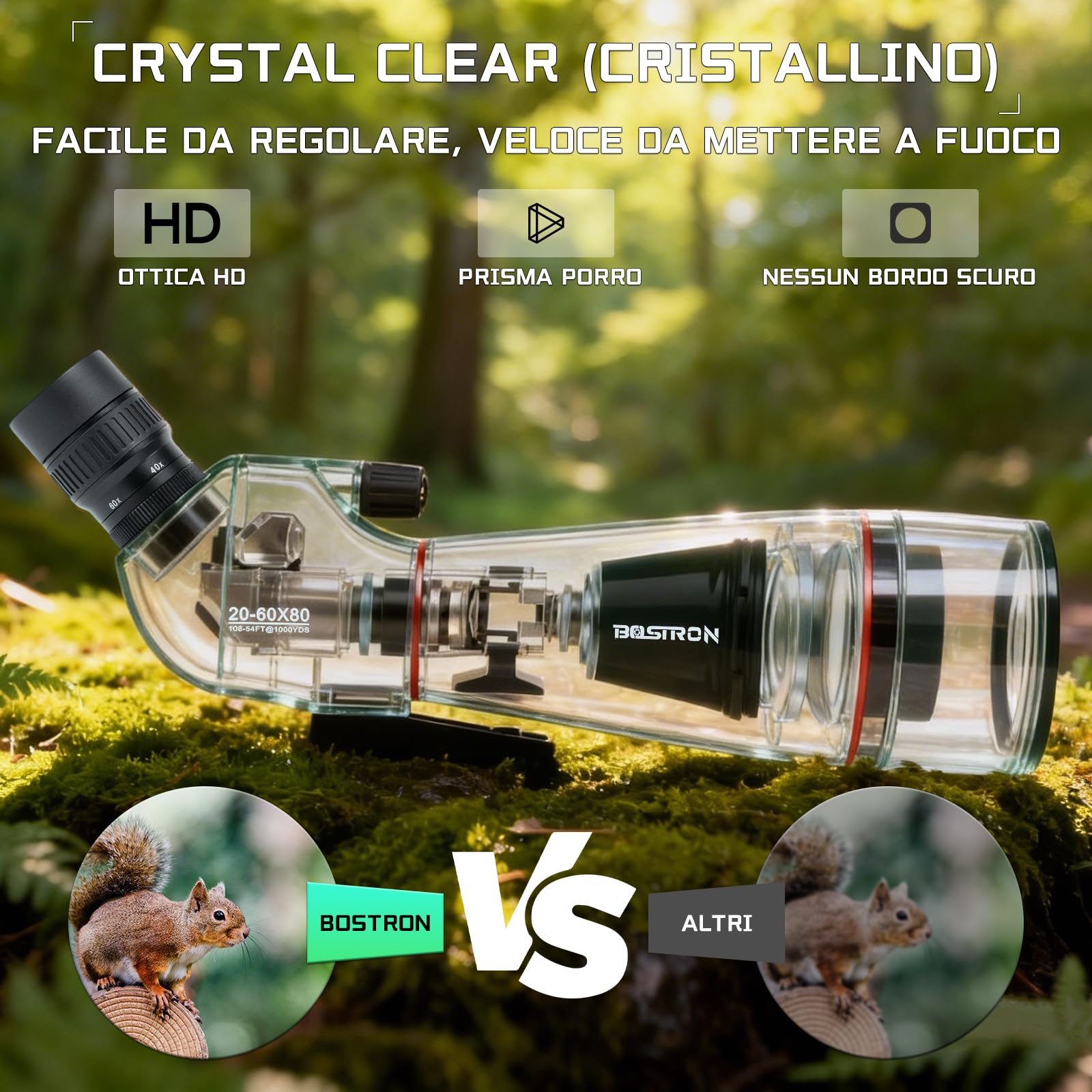 Cannocchiale 20-60x80, Telescopio Spotting Scope da Campo con Treppiede - Ottiche FMC e Prisma Porro HD, Cannocchiale con Adattatore Smartphone per Birdwatching, Tiro a Segno e Natura