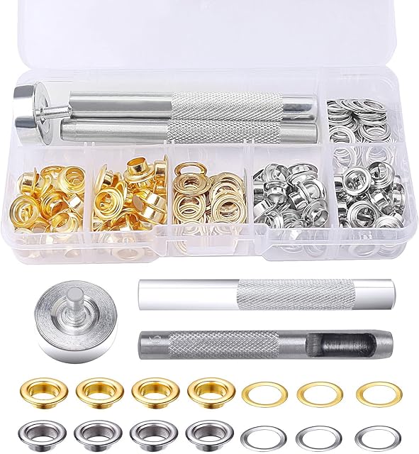 Grommet Kit, kuou 100 Sets 1/4 Inch Eyelets Punch Kit, Eyelets for Fabric with 3pcs Installation Repair Tools (Gold/Silver)