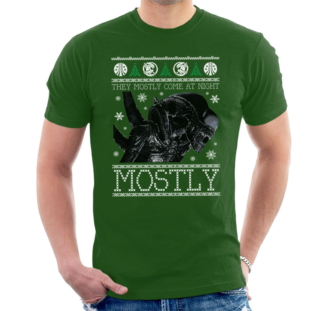 Cloud City 7 Men's Bottle Green Xenomorph Aliens Christmas Knit T-Shirt
