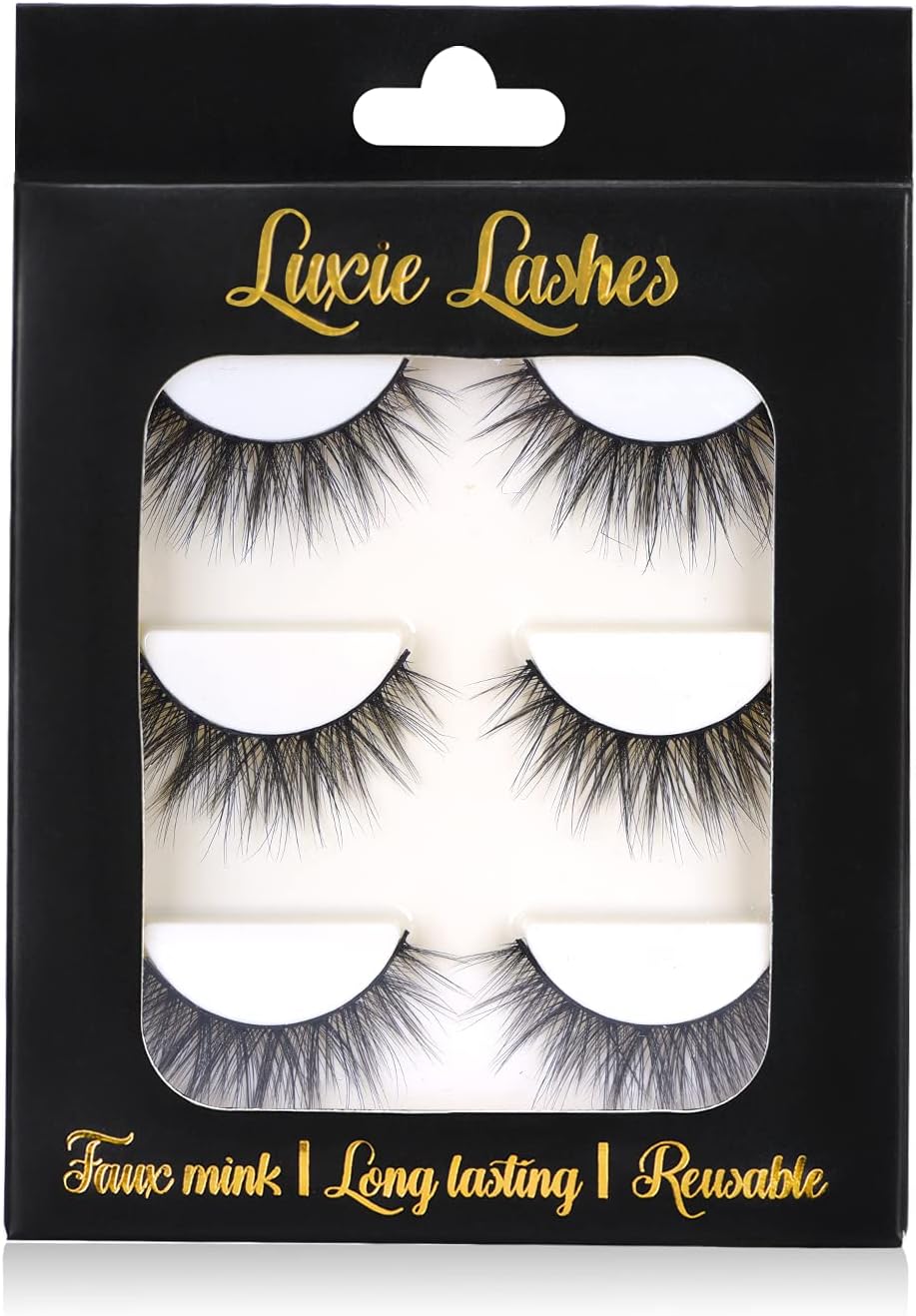 LUXIE LASHES 3D Luxury Wispy Feathery Faux Mink Natural Strip Everyday Silky Fake False Eyelashes Multipack - 3 Pairs Pack Cruelty Free (Sophia)