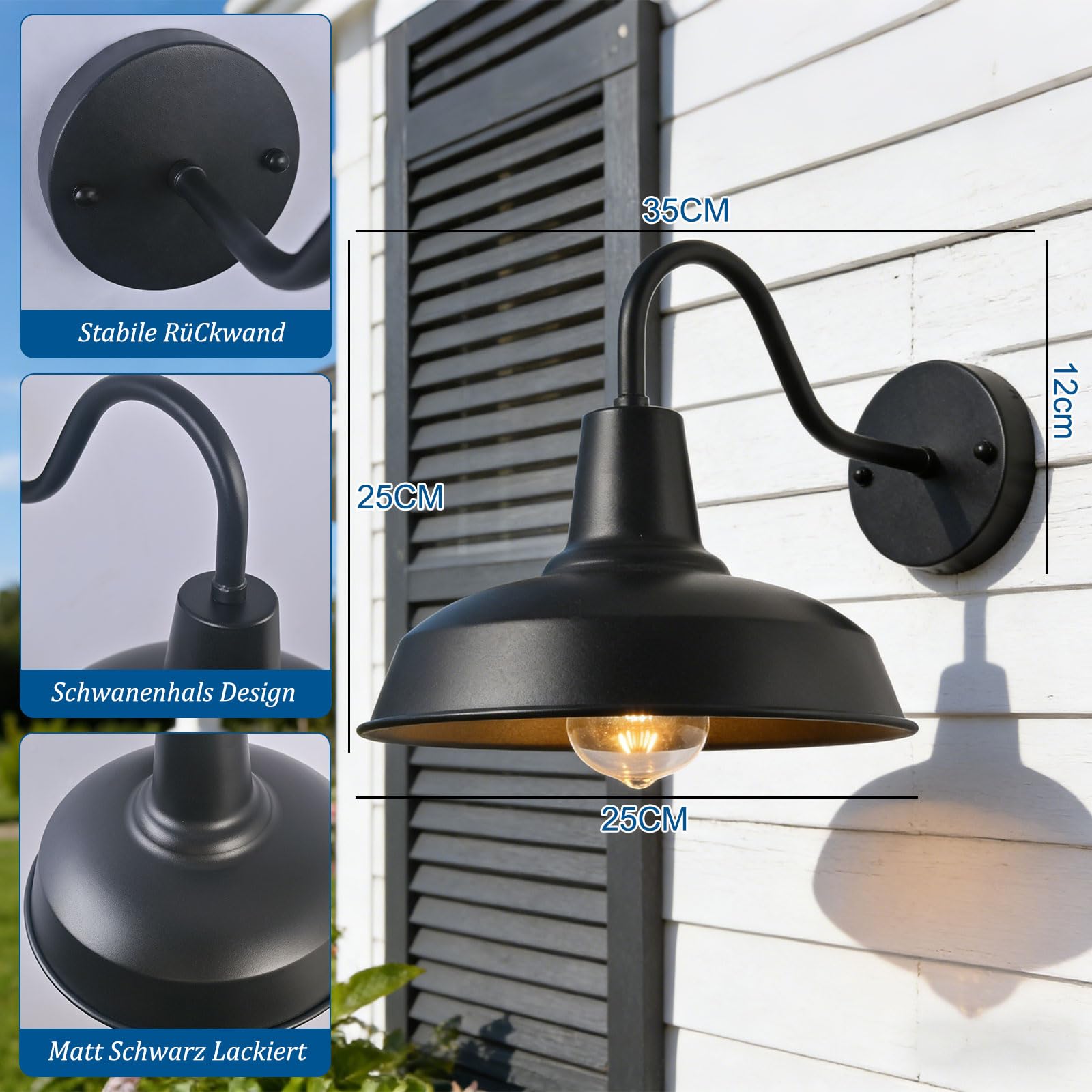 2 Piezas Luces de pared retro al aire libre, lámpara de cuello de cisne negra para granero, lámparas impermeables E27 para montaje en pared exterior para porches, garajes y patios