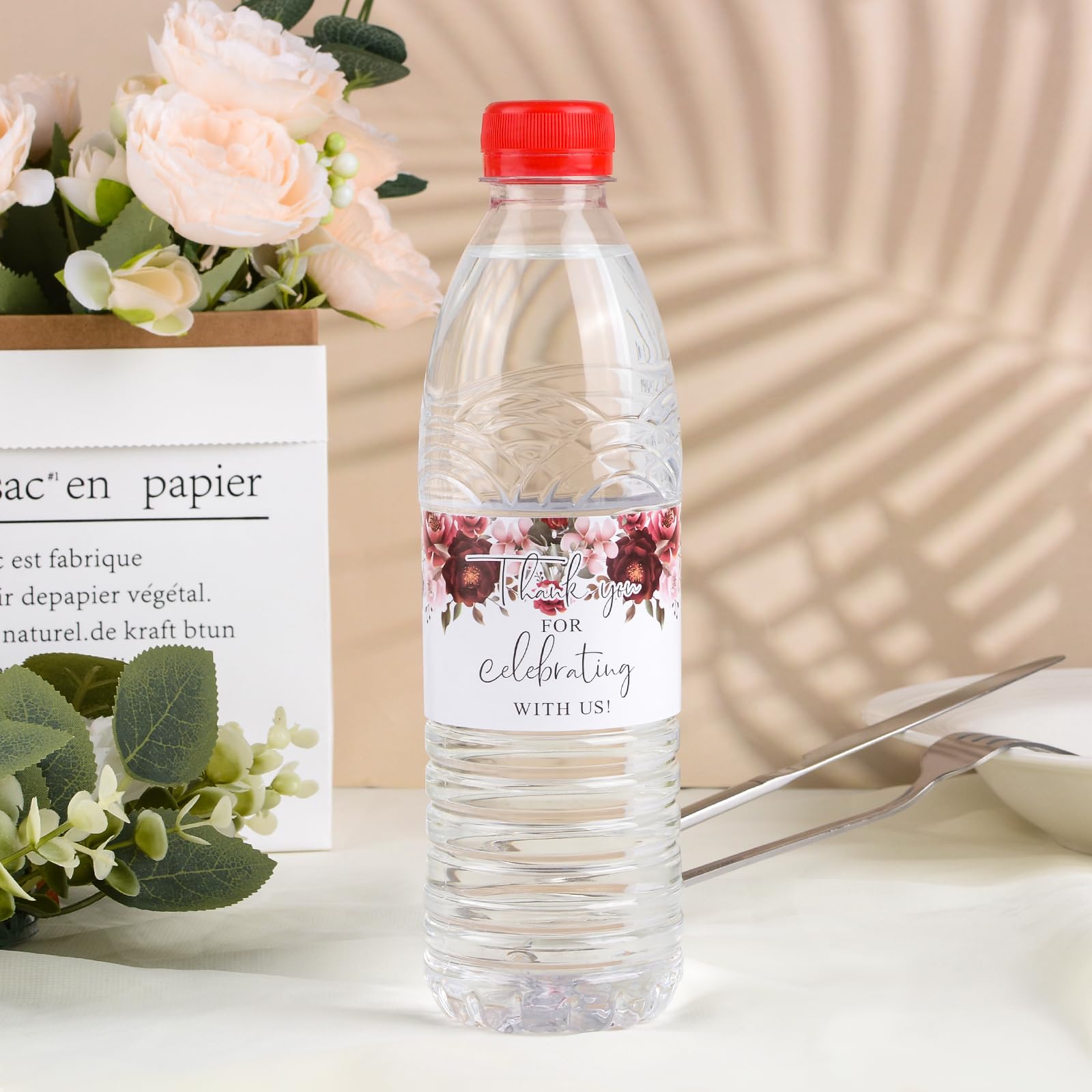 100 Etichette Adesive Per Bottiglie D'acqua, Tema Floreale Con Scritta 'Happy Wedding', Formato 21x5 Cm, Per Matrimoni E Addii Al Nubilato, Colore Rosso - 2