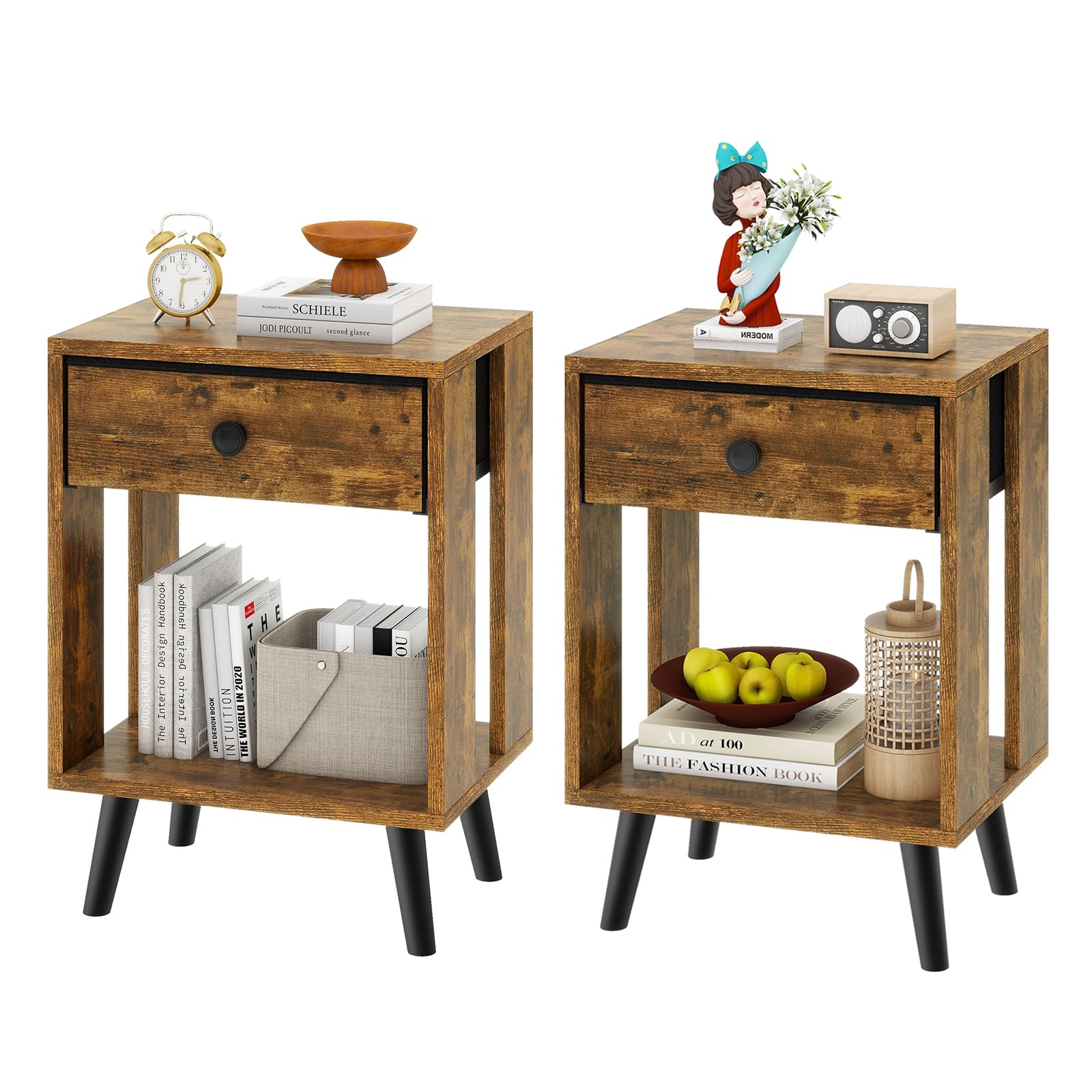 YMYNY Comodini, Set di 2, Tavolino da Notte, Tavolino Salotto, Cassetto in tessuto, Scomparto Aperto, Moderno, Struttura Semplice, per Camera da Letto, Soggiorno, Marrone Vintage HST012H-2