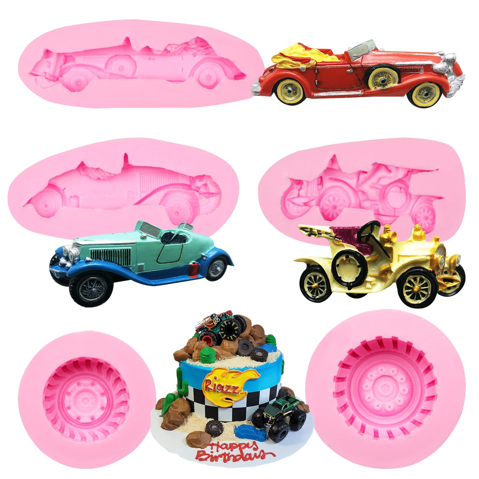 Round Tire Candy Silicone Molds, Antique Cars Vintage Cars Chocolate Baking Molds, Truck Wheel Sedan Car Clay Molds for Cake Decoration Fondant Sugar Craft Gum Paste Resin Candle Soap