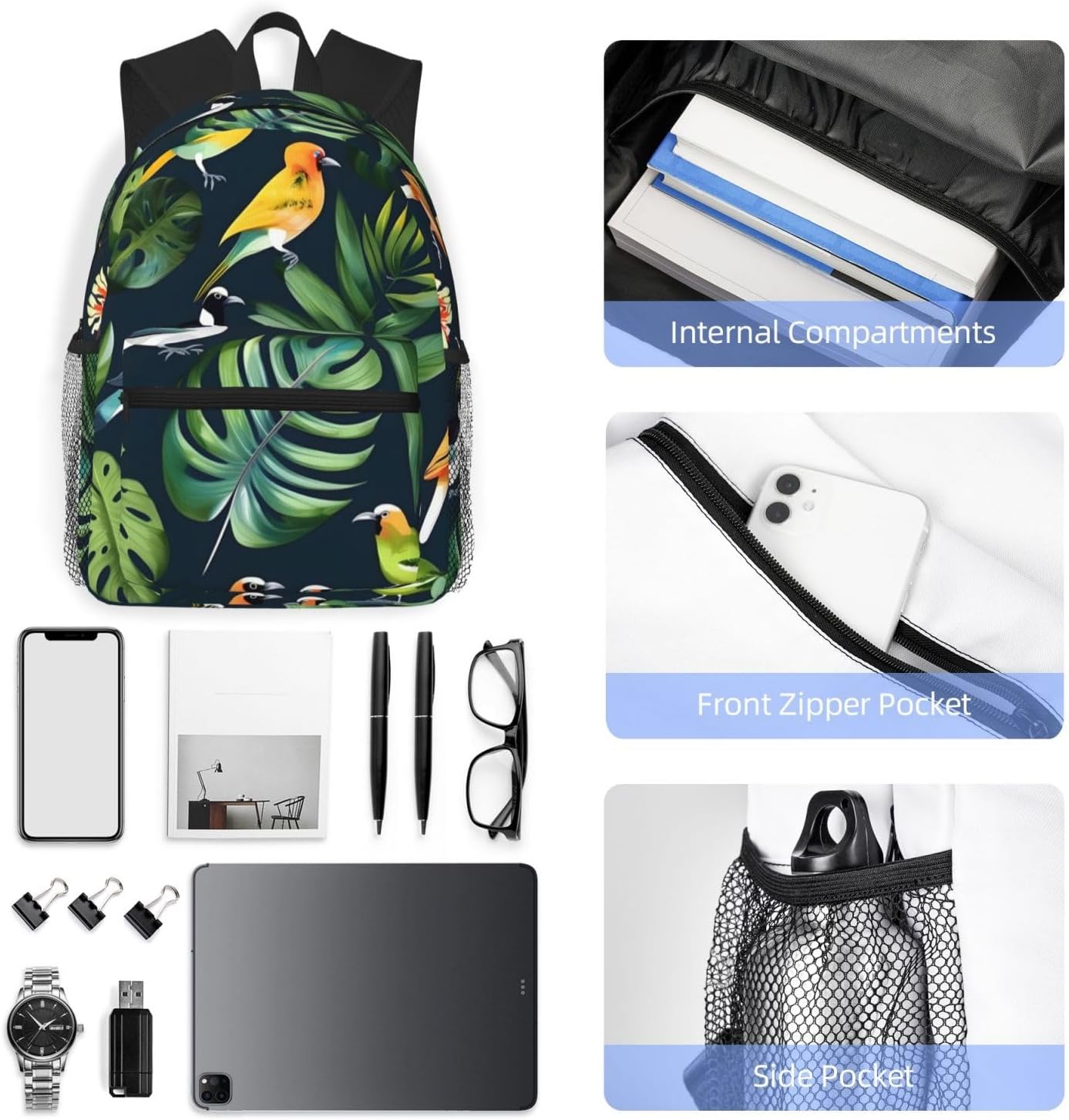 Tropical Birds Plant Leaf Print Lightweight Casual Backpack For Women Travel Daypack Gym Backpack For Men Book Bags, SB-122