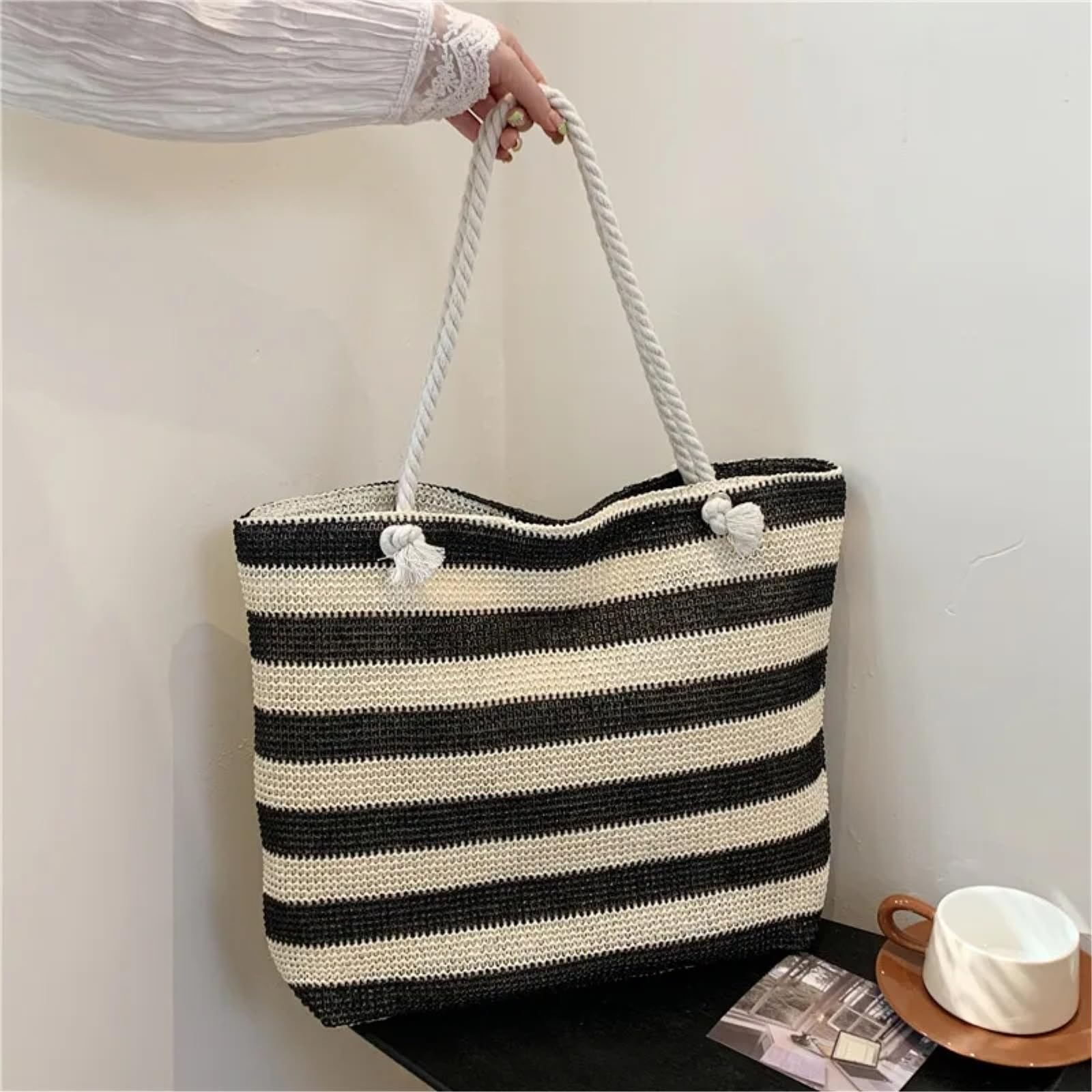Borsa Spalla Paglia di Trasporto Tessuta con Maniglie Corda Annodate per Il Mare E I Viaggi Tempo Libero Giornalieri-black-40x 10x32cm