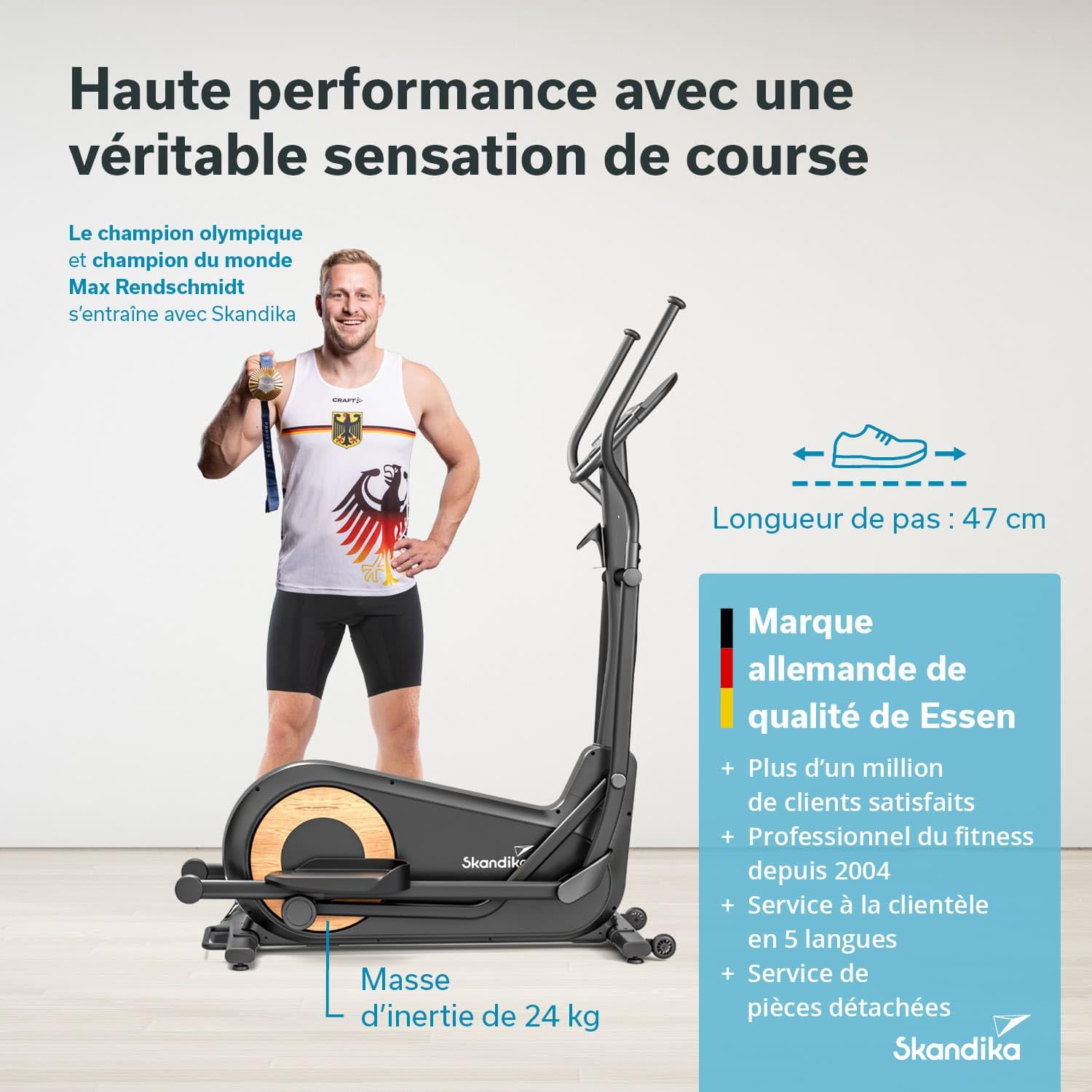 Skandika Vélo elliptique Carbon P24-RG, Vélo elliptique d'appartement, 16 Niveaux de Résistance, Auto-alimenté, Frein Magnétique, Écran LED, Bluetooth, Kinomap, Masse d'inertie 24KG, Max 150KG