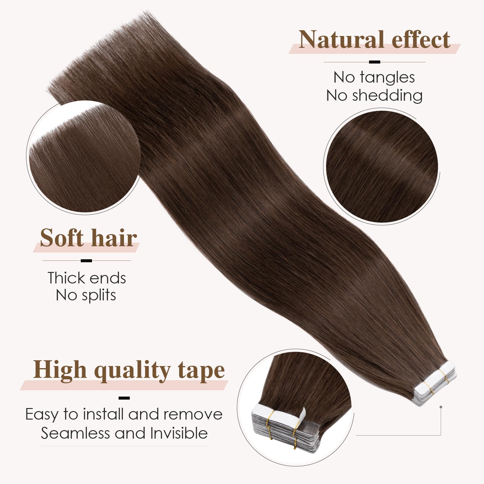 TESS Tape in Hair Extensions Human Hair 10 PCS #04 Medium Brown - 16 Inch Seamless Invisible Real Hair Extension Straight 25g - Image 3