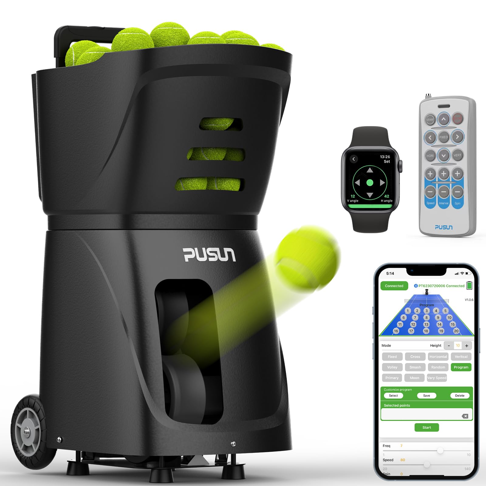 PUSUN PT-Smart-Máquina Lanzapelotas de Tenis Profesional | Control por App | 20 Puntos de Entrenamiento | 4-6 Horas de Batería | Equipo de Entrenamiento Avanzado