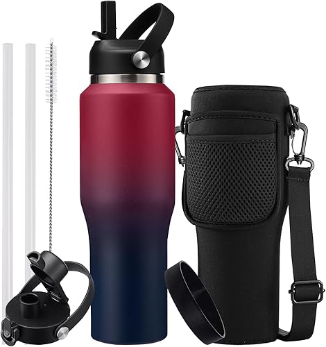 Miniatura 35 de Botella de agua de 32/40 onzas con estuche de transporte, botella aislada de acero inoxidable con tapa y pajita, taza térmica al vacío de doble