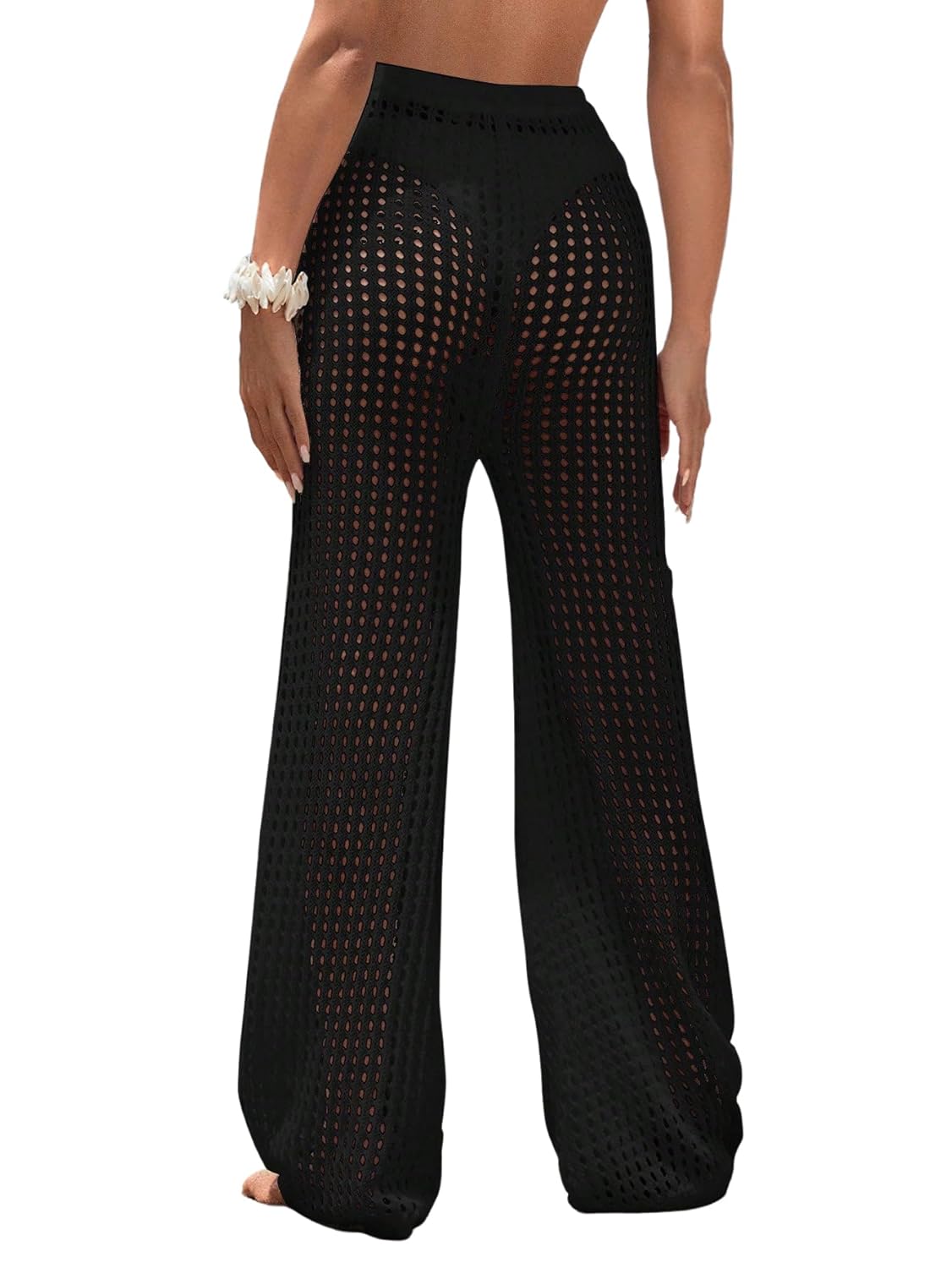 Womens Cover Up Beach Pants Hollow Out Drawstring High Elastic Waist Swimsuit Beach Cover Up Pants