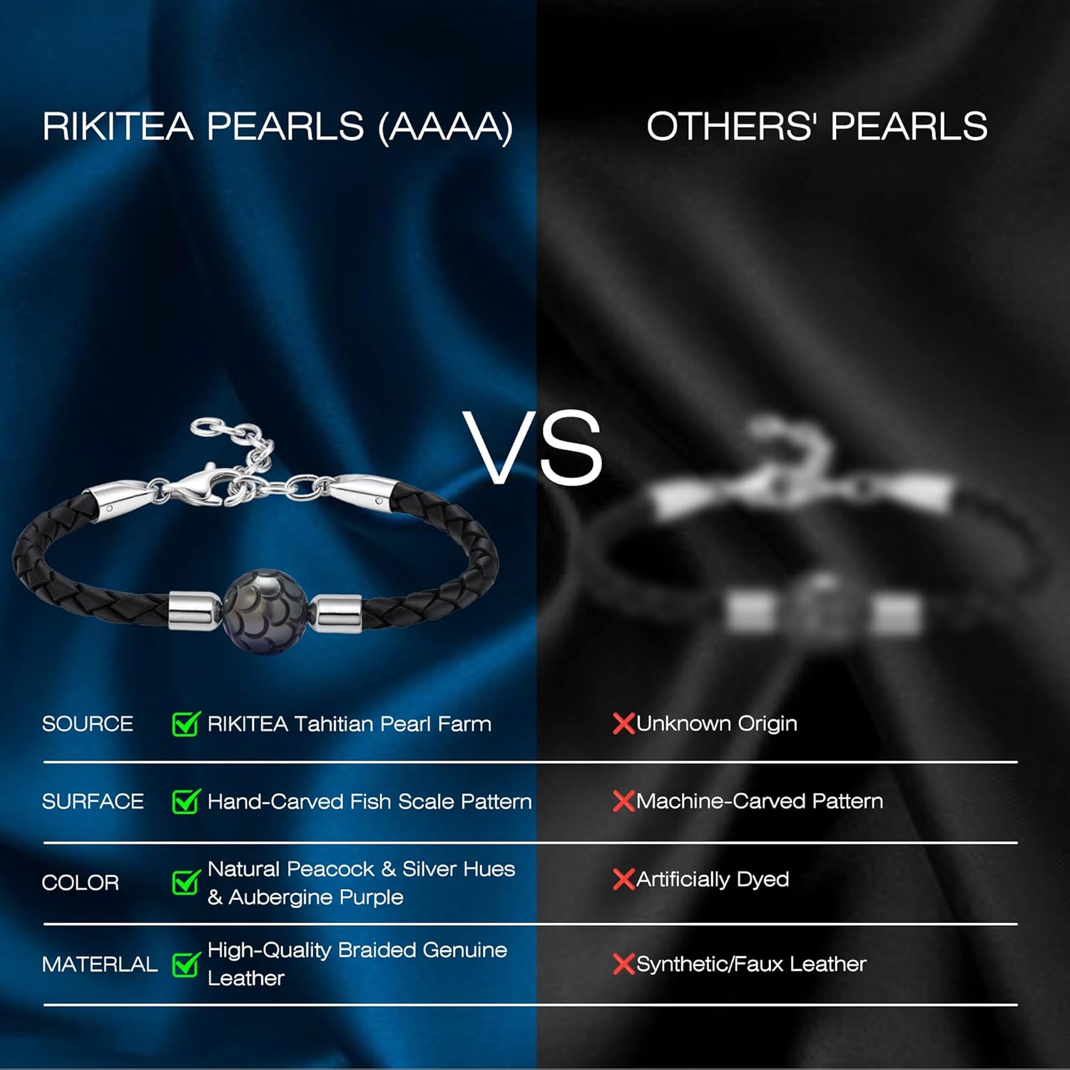 Braided Leather Bracelet for Women with 11-12mm Hand-Carved Seawater Tahitian Pearl - Wedding Anniversary Birthday Christmas Gift for Wife Mom Women Daughter, Unique Jewelry, Length 6.7"+1.96"