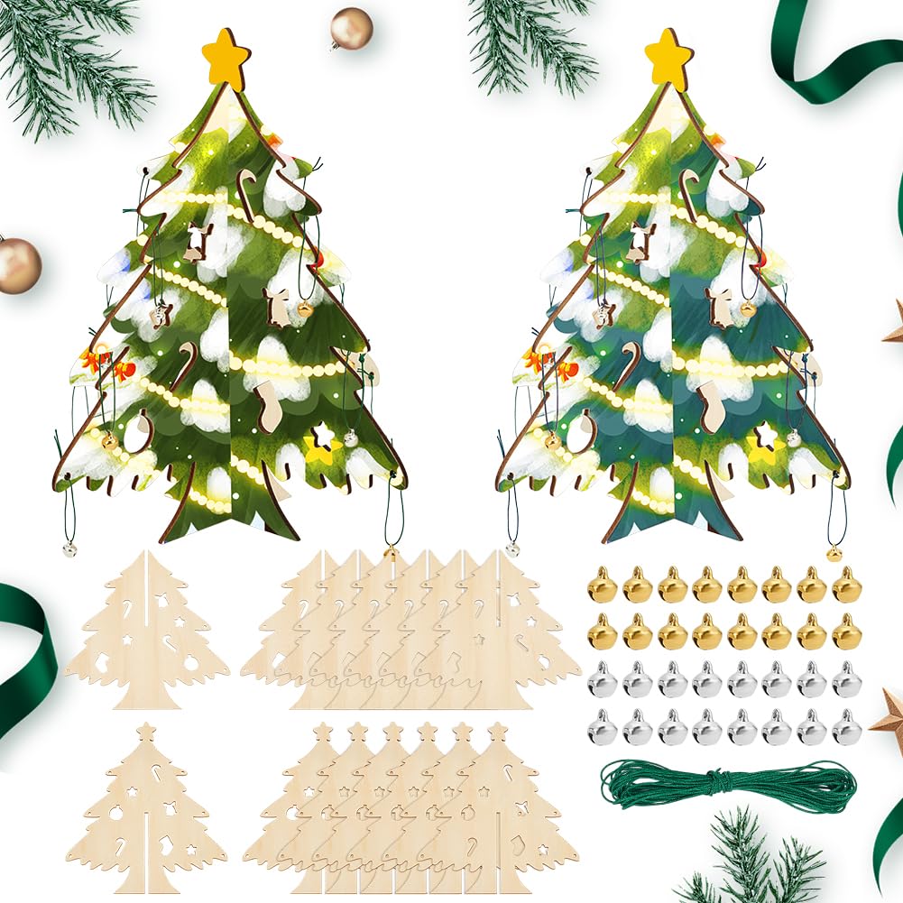 WADORN Kit di Artigianato Fai Da Te per Ornamenti In Legno per L'Albero di Natale, Set Ciondoli In Legno per Albero di Natale Non Finito, 36 ciondolo A Forma di Campana, 3 m di Cordino In Nylon Verde