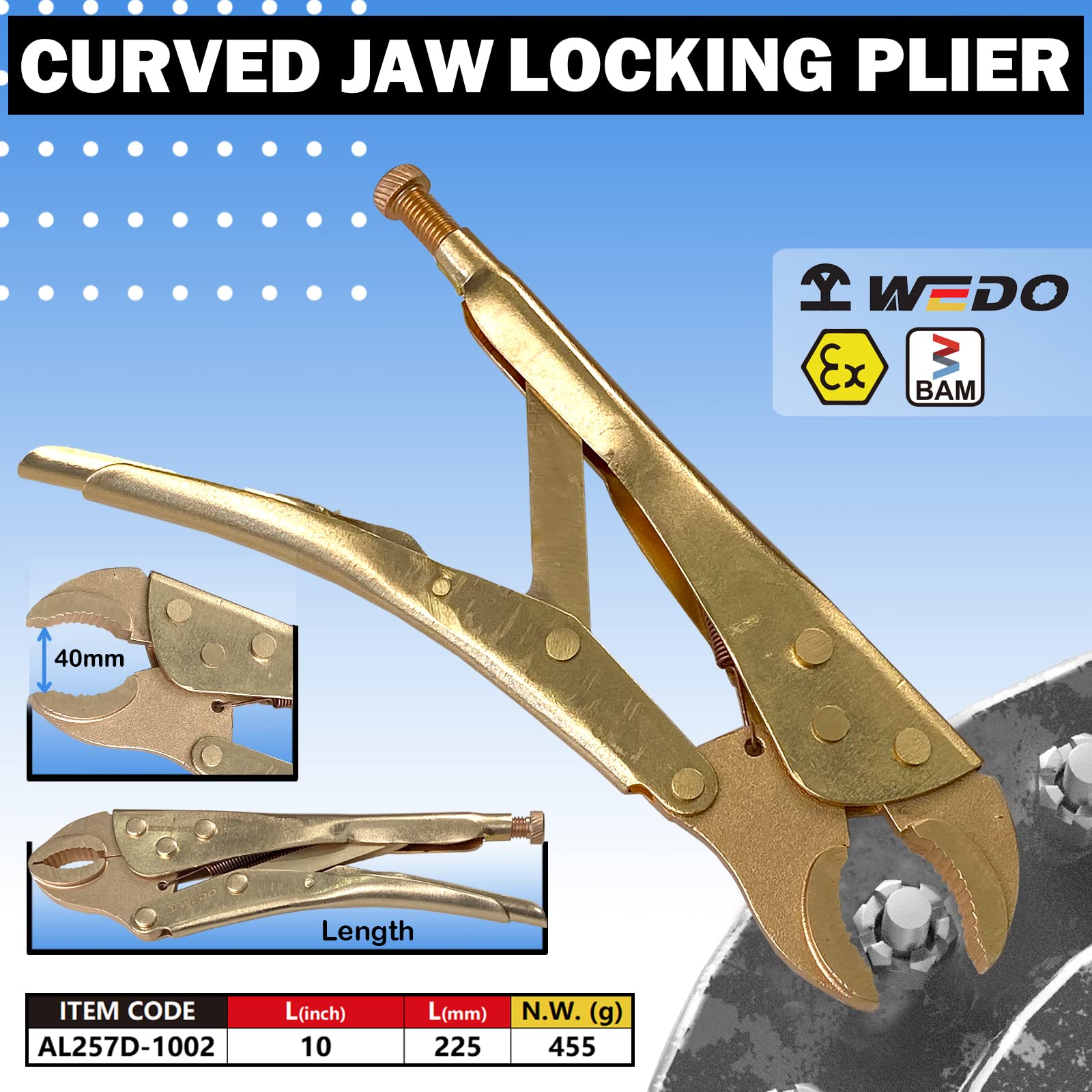 WEDO Pinze di bloccaggio senza scintilla, pinze di bloccaggio a ganascia curva con tagliafilo, bronzo di alluminio, standard DIN, certificato BAM e FM, 9 pollici, 10* 40mm