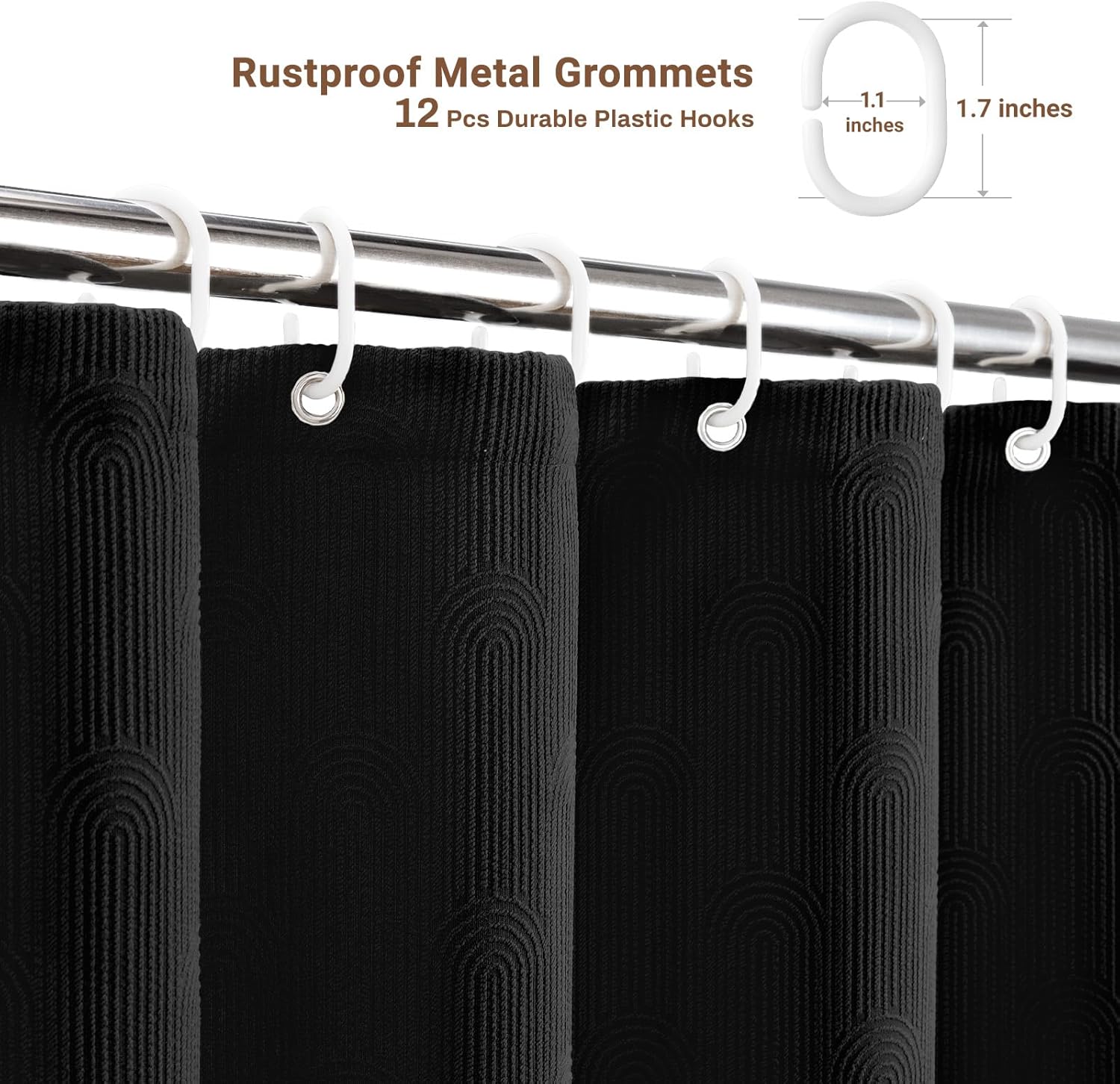 BTTN Long Boho Shower Curtain - 72x84 Modern Elegant Arch Textured Waterproof Fabric Shower Curtain Set with Plastic Hooks, Tall Mid Century Minimalist Polyester Shower Curtains for Bathroom - Black