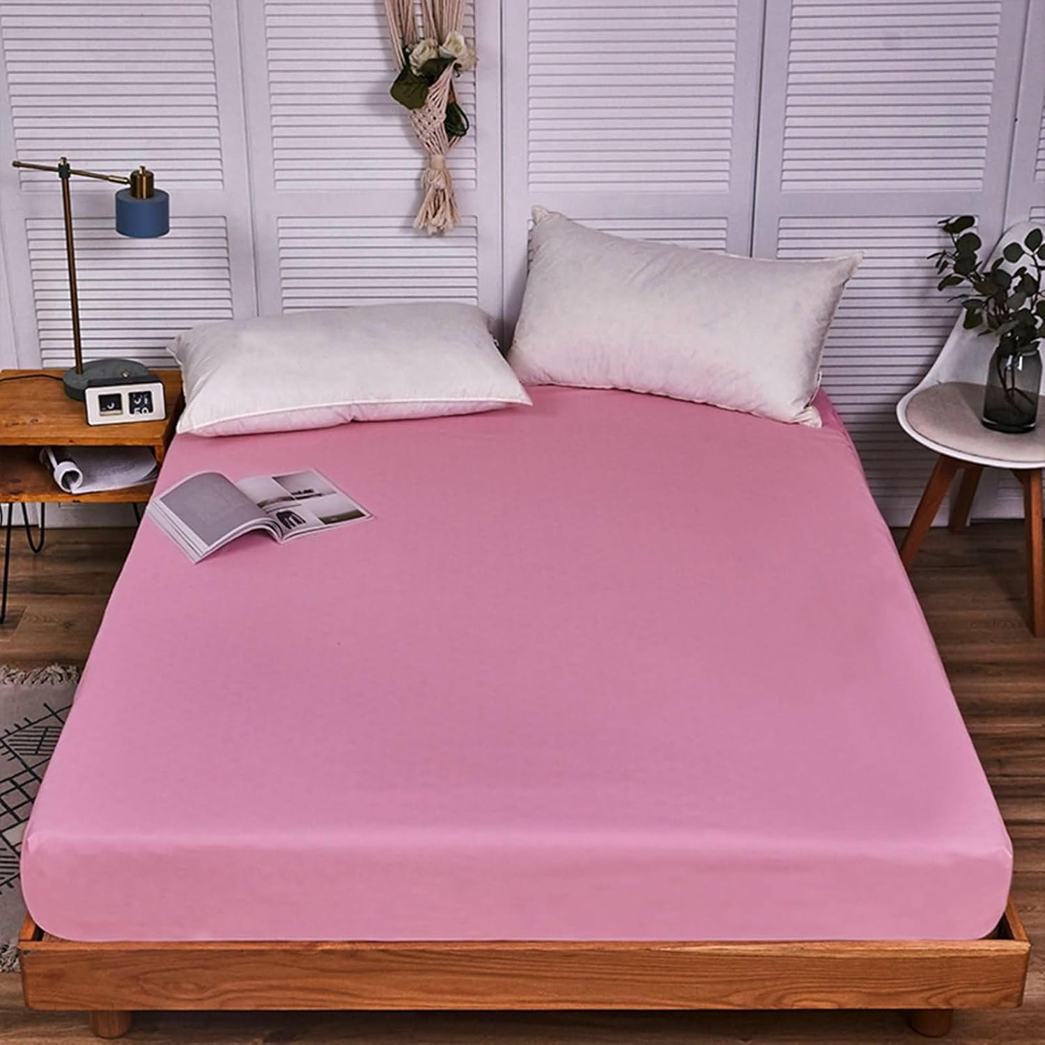 Beydodo Fitted Bed Sheets with Deep Pocket, Bedding Fitted Sheet 150x190cm Solid Dark Pink, Cotton Fitted Sheet for Dorm