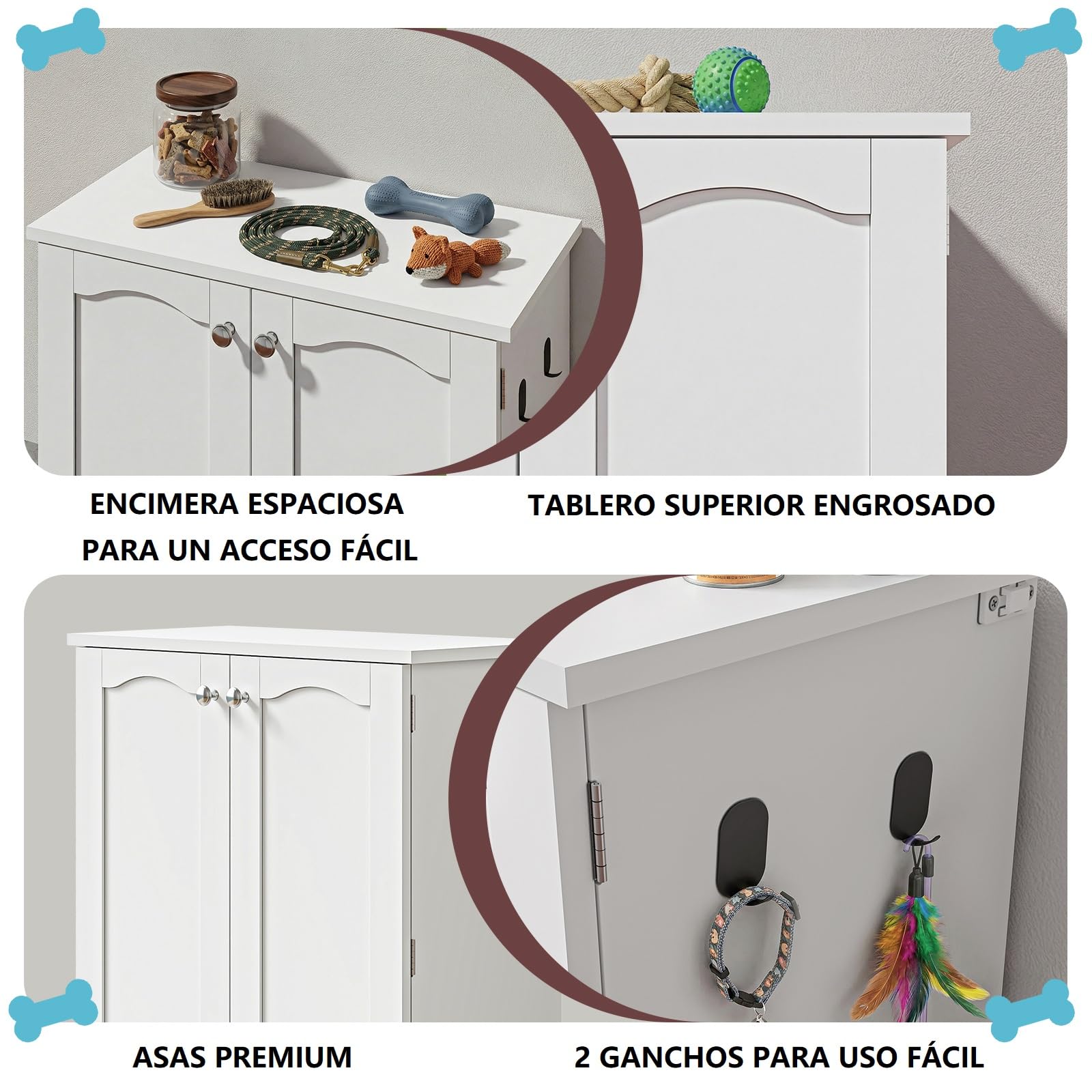 Armario para Comida de Perro con 2 Cuencos de Acero Inoxidable, Estación de Alimentación para Mascotas con Estantes Ajustables y Almacenamiento Lateral, Blanco, 59,7 x 31 x 80,5 cm
