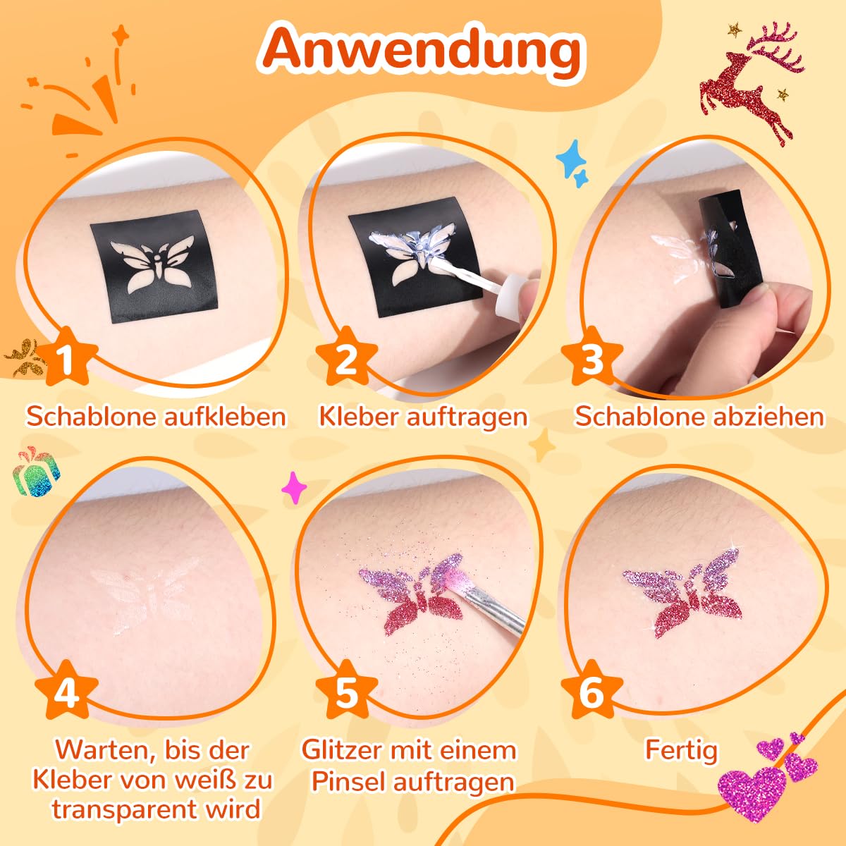 Bledras Glitzer Tattoo Set Kinder – 6 Tattoo Stifte + 31 Glitzerfarben – Komplett-Set mit 178 Schablonen, 5 Pinseln, 3 Klebern,Leucht-tattoos – Make-up Set für Mädchen & Jungen – Geschenk ab 3 Jahren