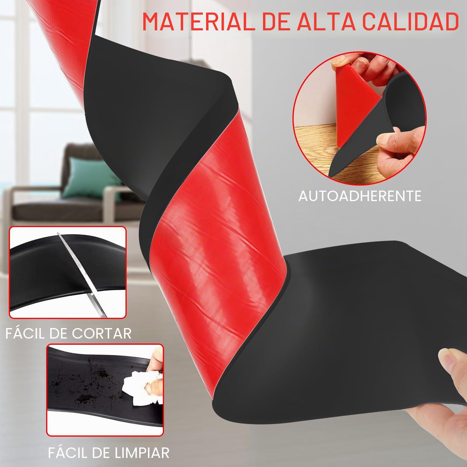 MENAYODA Rodapié blando de PVC, Listón adhesivo de 10 cm de ancho, Listón decorativo flexible con pliegues en forma de S para cubrir juntas en las esquinas (12m, Negro)