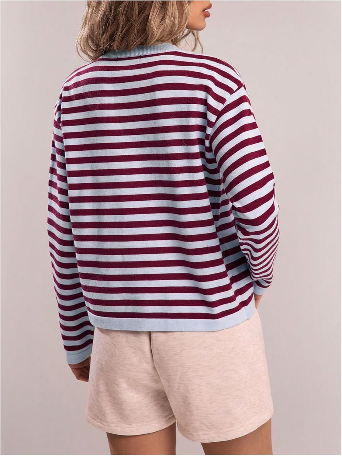 MakeMeChic Women's Striped Sweater Long Sleeve Button Down Crew Neck Contrast Binding Cardigan - Image 3