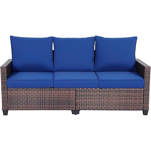 EortheX Outdoor Patio Sofa, 3-Seat Rattan Wicker Couch for Garden Deck or Porch, Comfortable All-Weather Patio Furniture with Anti-Slip Cushions (Blue)