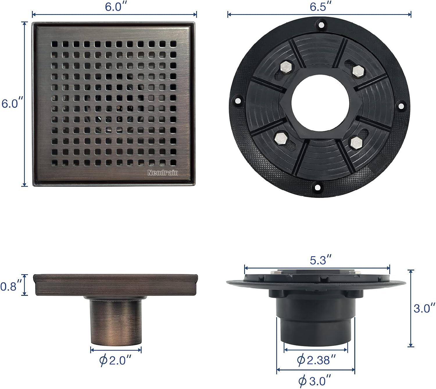 Neodrain 6 in Square Shower Drain, Oil Rubbed Bronze, Removable Quadrato Pattern Grate, with PVC Shower Drain Base and Rubber Gasket, Square Drainage. CUPC Certified, Includes Hair Strainer, ORB
