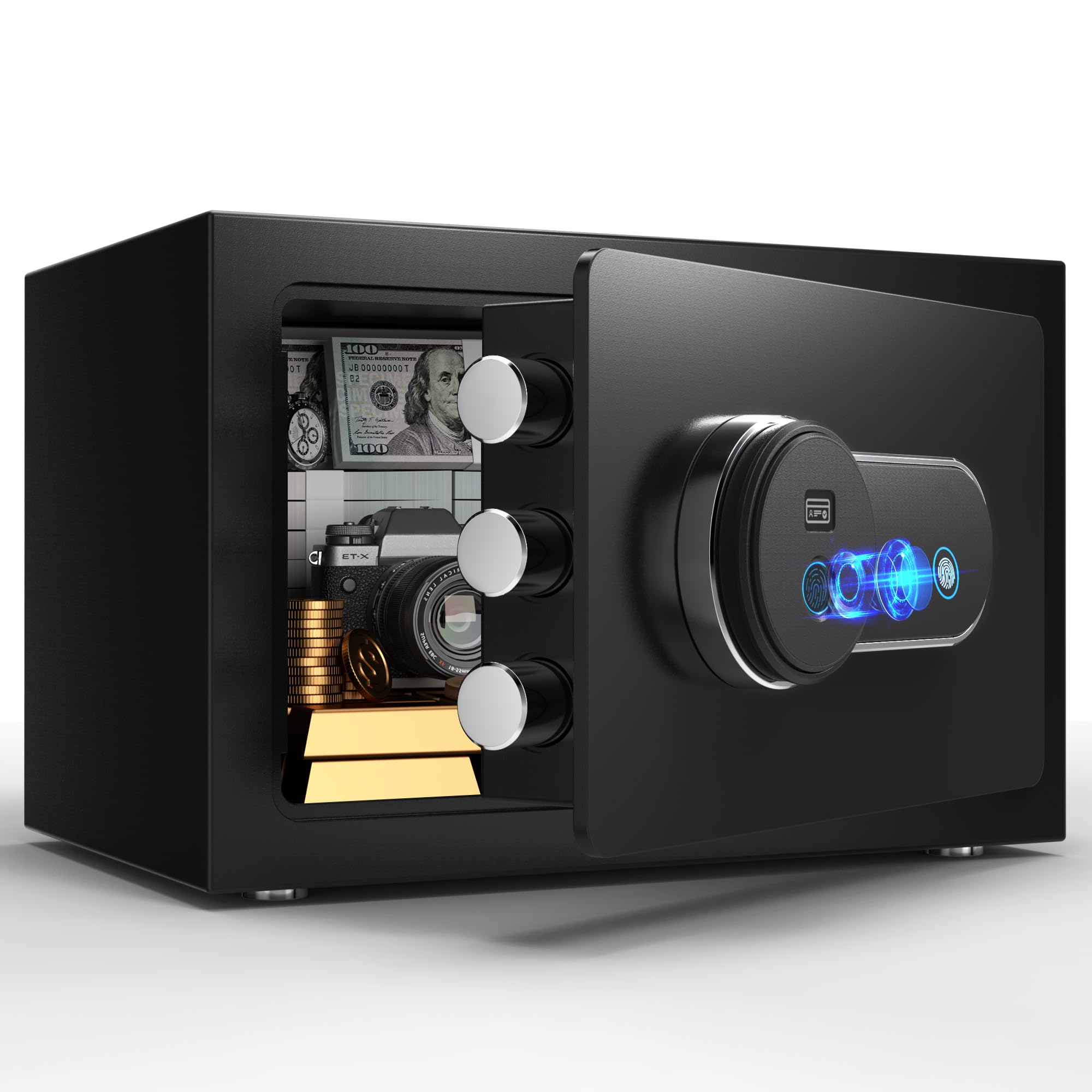 Safe Box, 0.5 Cub Small Home Safe with Key, Security Safe with Biometric Lock, Personal Safe, Fingerprint Money Safe for Home Office Hotel Bedroom, Fingerprint Unlock