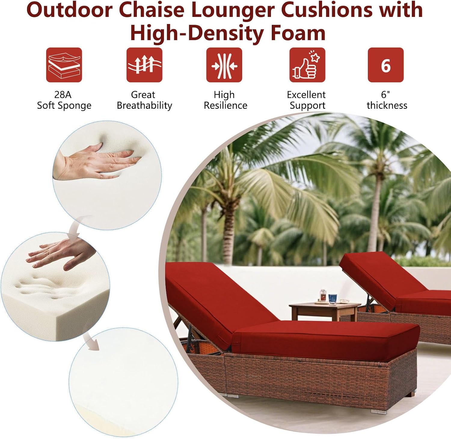 Outdoor Chaise Lounge Cushion 80"x26"x6", Waterproof 6" Extra Thickness Lounge Cushion with Removable Cover, Patio Lounge Chair Cushions Set of 2 for Outdoor Furniture, Burgundy