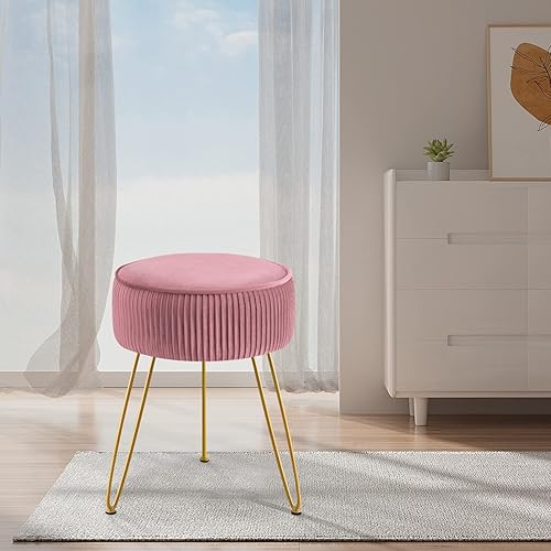 Miniatura 11 de GERANT Taburete de tocador multifuncional, taburetes modernos para sala de maquillaje, taburete otomano redondo de terciopelo con patas de metal,