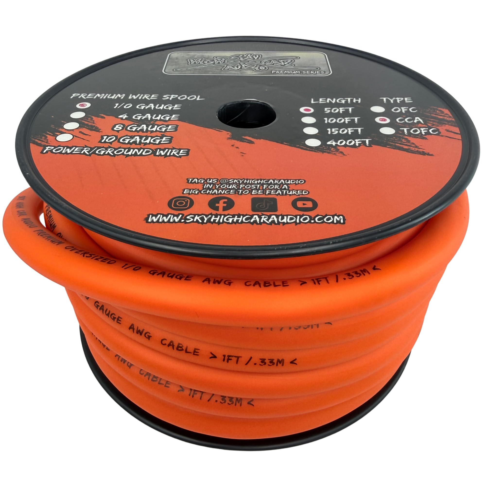 50 ft CCA 1/0 Gauge Oversized Orange Power Ground Wire Sky High Car Audio