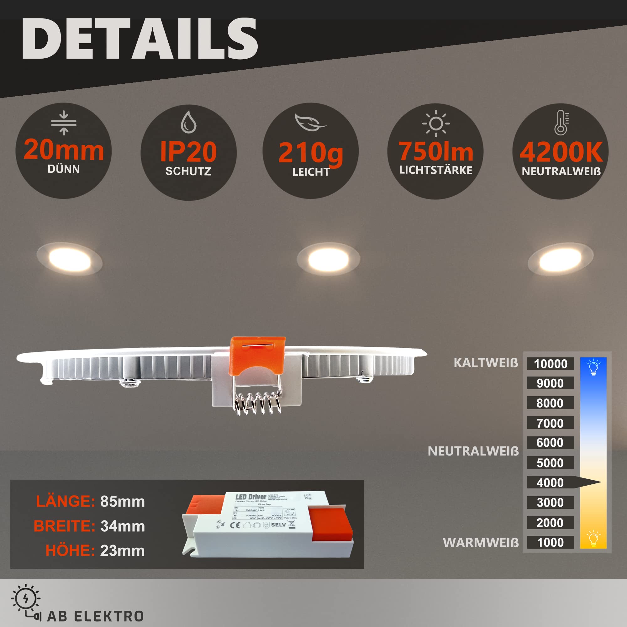 LED Einbaustrahler 230V flach - 8er Set - 9W LED Spot - 4200K - 133mm - IP20