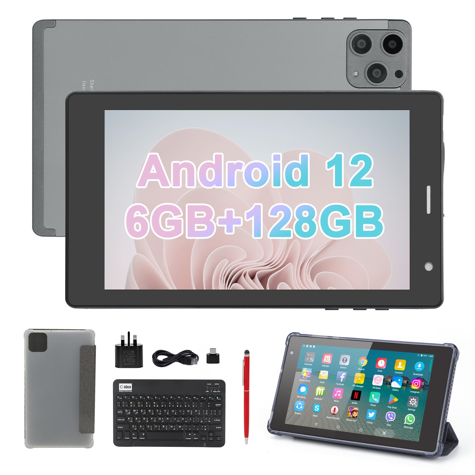 7 inch Tablet With 8GB RAM+512GB ROM,Android 12 LET+WiFi Tablet,Quad-Core Processor,Dual Camera,1024 * 600 HD IPS Screen,CM513pro(Silver)