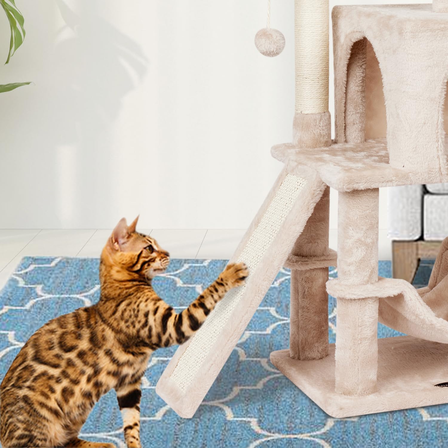 MIAO PAW Cute Cat Tree Tower for Indoor Cat Tower with Scratching Post Modern Activity House Hammock Hanging Ball Condo with Board Beige
