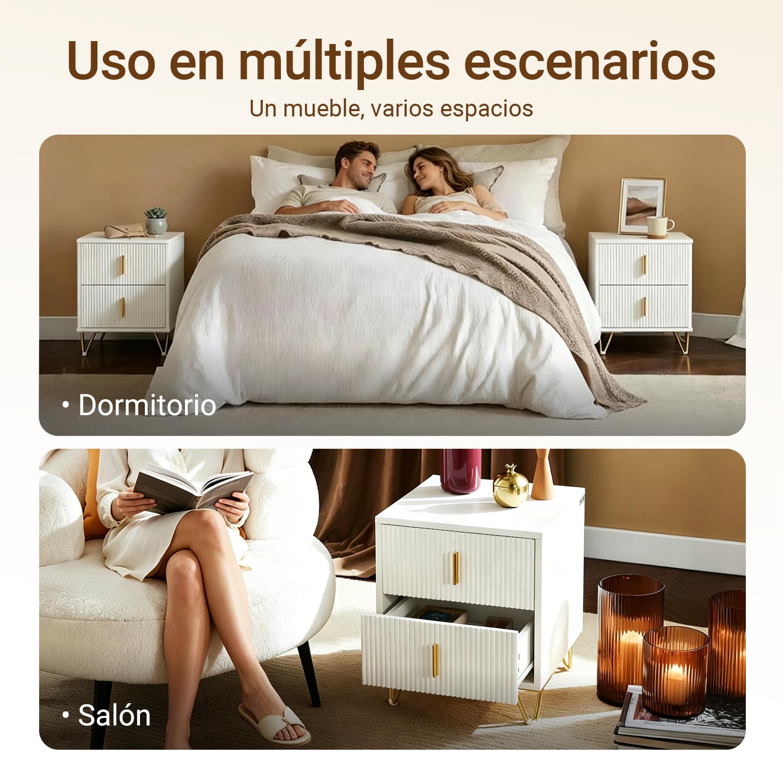 SoBuy Juego de 2 Mesita de Noche con 2 cajones y Patas metálicas Doradas, Mesa de Noche Moderna para Dormitorio y salón, Ideal para Estudiantes y familias, Blanco, 40x40x47 cm, FBT115-Wx2