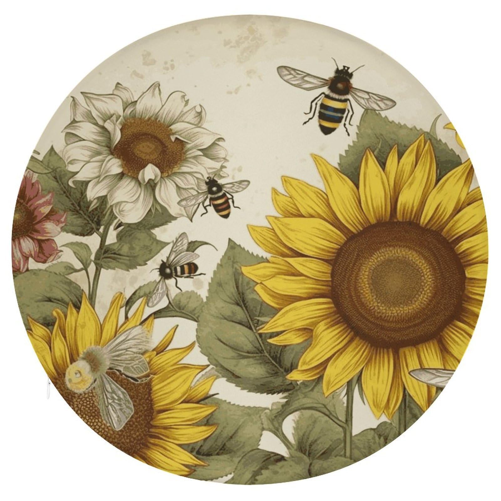 Wsoihfec Style Bees Sunflowers Daisy Rose Flowers Seat Cushion Round Chair Pad